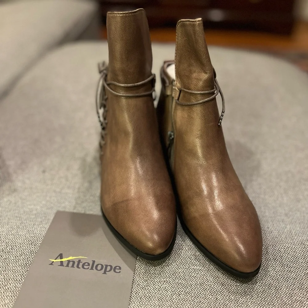Antelope Taupe Leather Hi Front Tied Ankle Boots - Picture 4 of 13